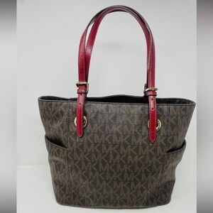 Michael Kors Jet Set Brown/Cherry Red Logo Tote
